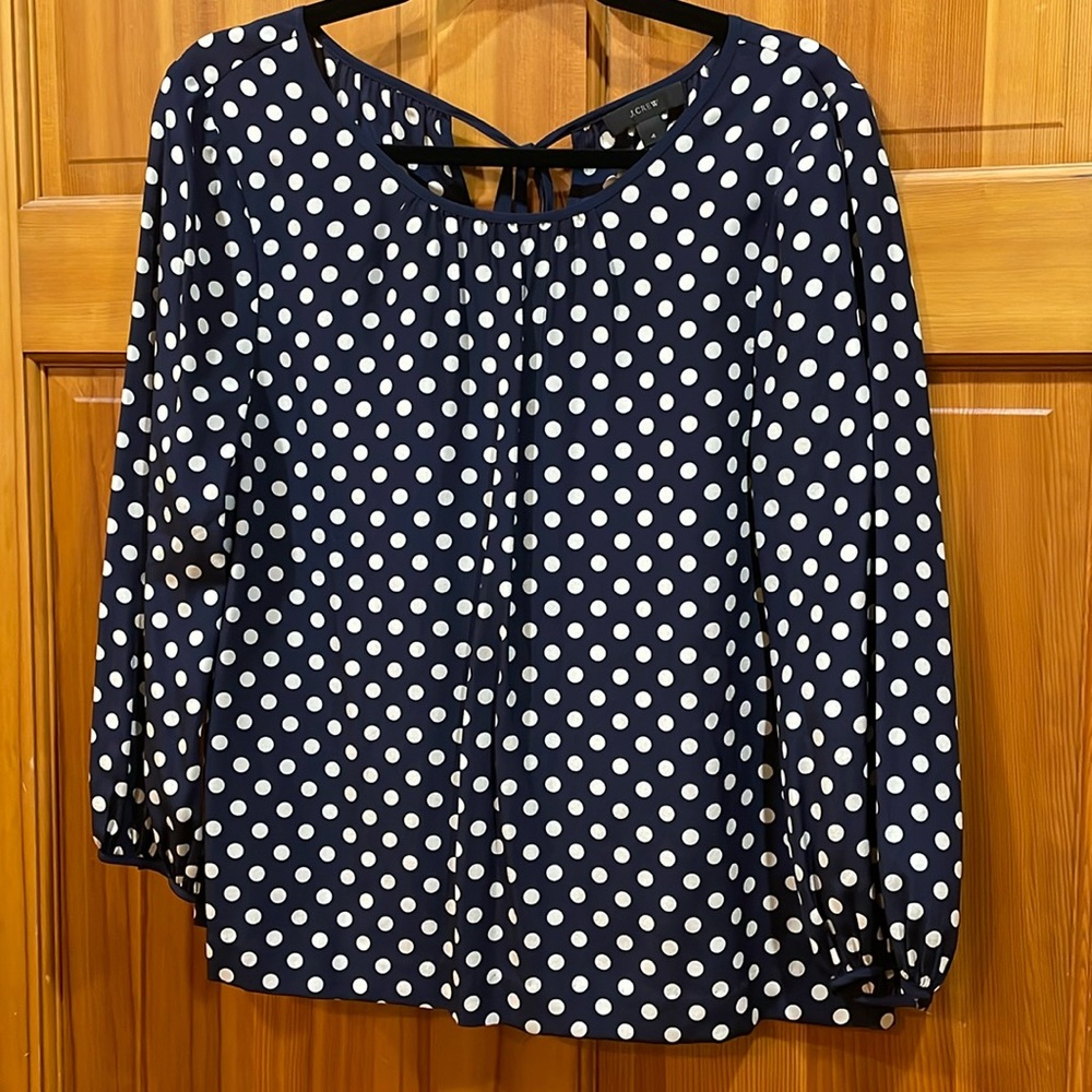 J.CREW Navy & Cream Polka Dot 3/4 Sleeve Blouse keyhole back with tie size 4